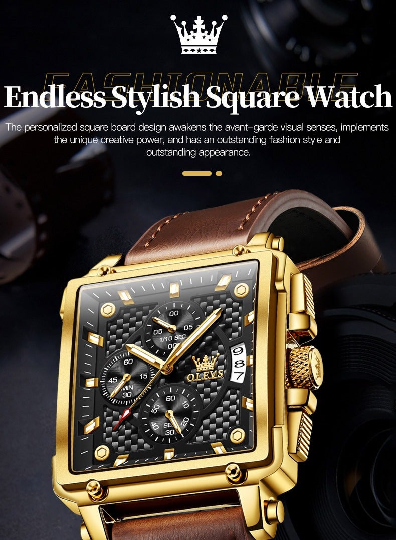 OLEVS Watches for Men Quartz Chronograph Leather Fashion Dress Watch Date Waterproof Luminous Casual Square Business Wrist Watches - Image 2