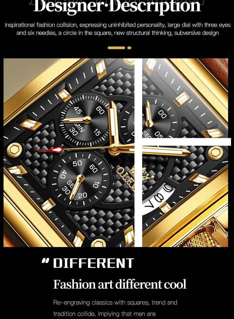 OLEVS Watches for Men Quartz Chronograph Leather Fashion Dress Watch Date Waterproof Luminous Casual Square Business Wrist Watches - Image 3