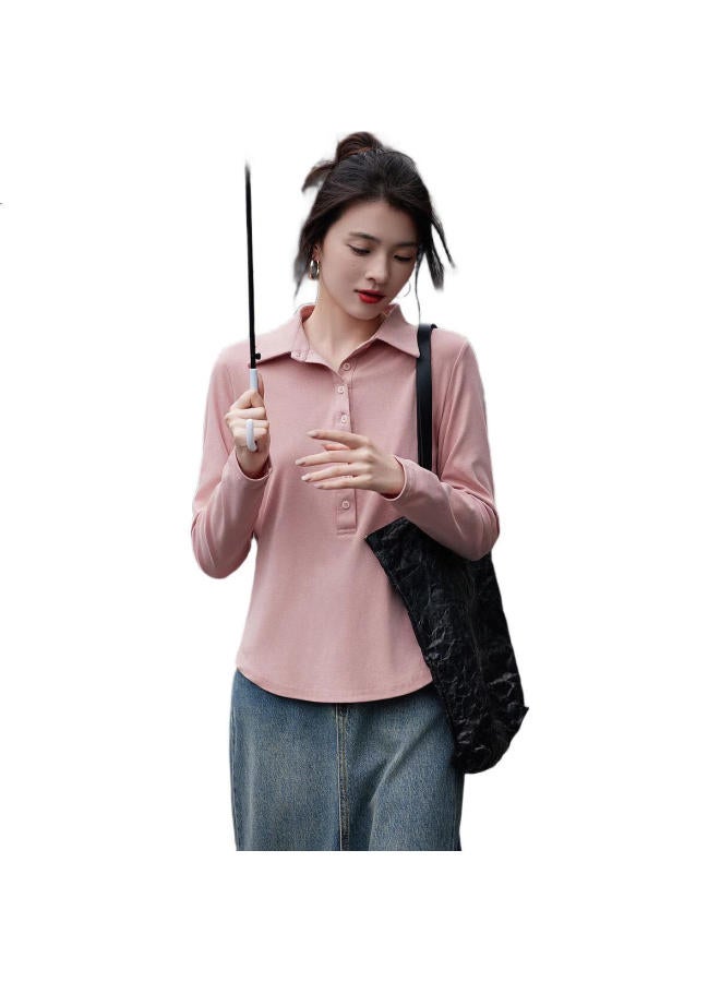Dme Elegant Women'S Gentleman Autumn Polo Shirt Comfortable Cotton Ammonia Good Matching Covering Meat Women'S T-Shirt Pink S - Image 2