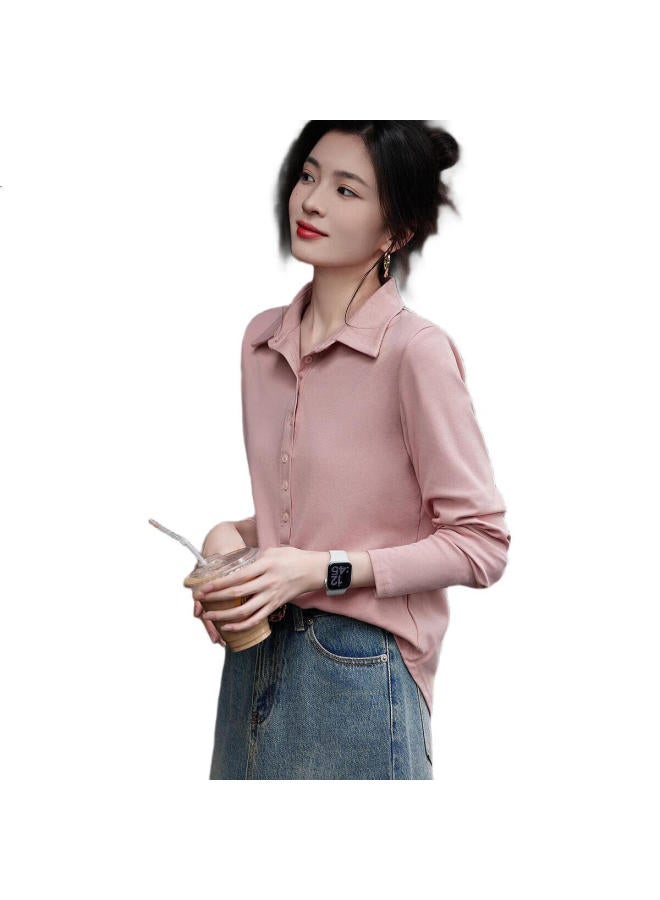 Dme Elegant Women'S Gentleman Autumn Polo Shirt Comfortable Cotton Ammonia Good Matching Covering Meat Women'S T-Shirt Pink S - Image 1