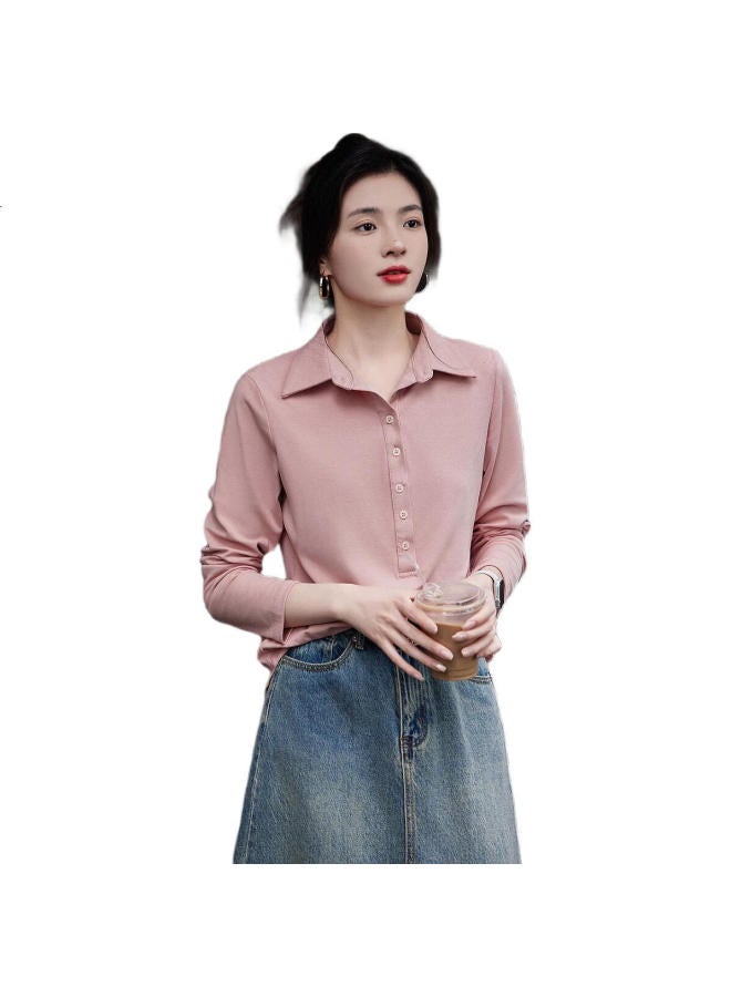 Dme Elegant Women'S Gentleman Autumn Polo Shirt Comfortable Cotton Ammonia Good Matching Covering Meat Women'S T-Shirt Pink S - Image 3