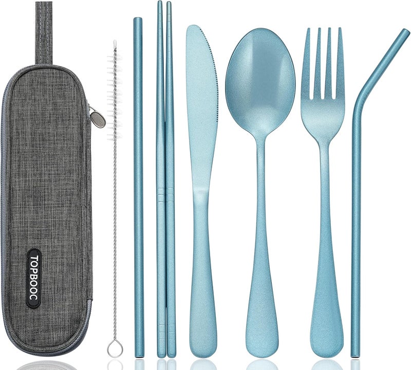 Topbooc Portable Stainless Steel Flatware Set, Travel Camping Cutlery Set, Portable Utensil Travel Silverware Dinnerware Set with a Waterproof Case (Light Blue) - Image 1