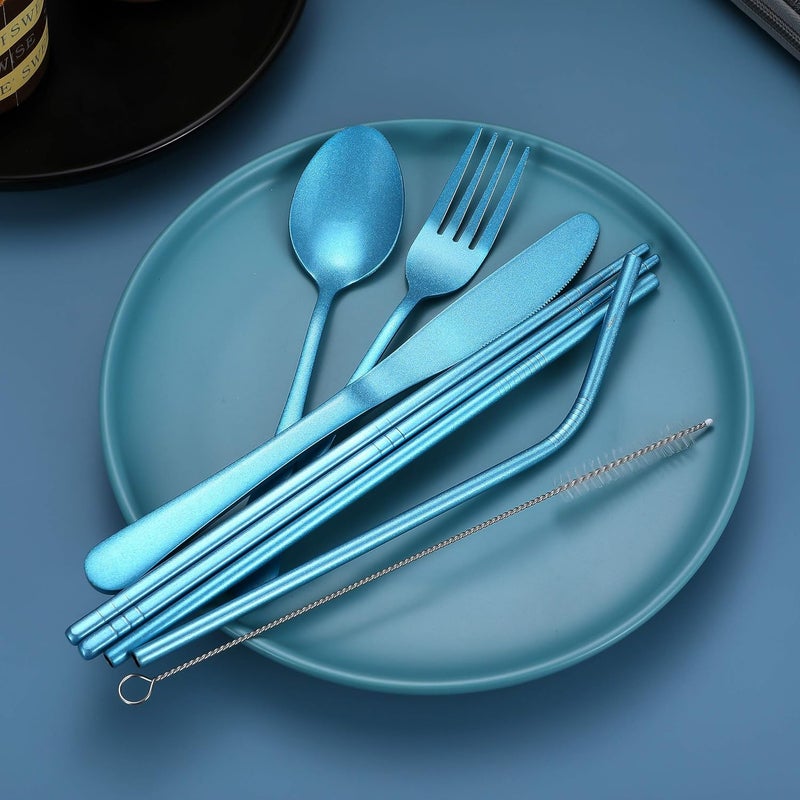 Topbooc Portable Stainless Steel Flatware Set, Travel Camping Cutlery Set, Portable Utensil Travel Silverware Dinnerware Set with a Waterproof Case (Light Blue) - Image 2