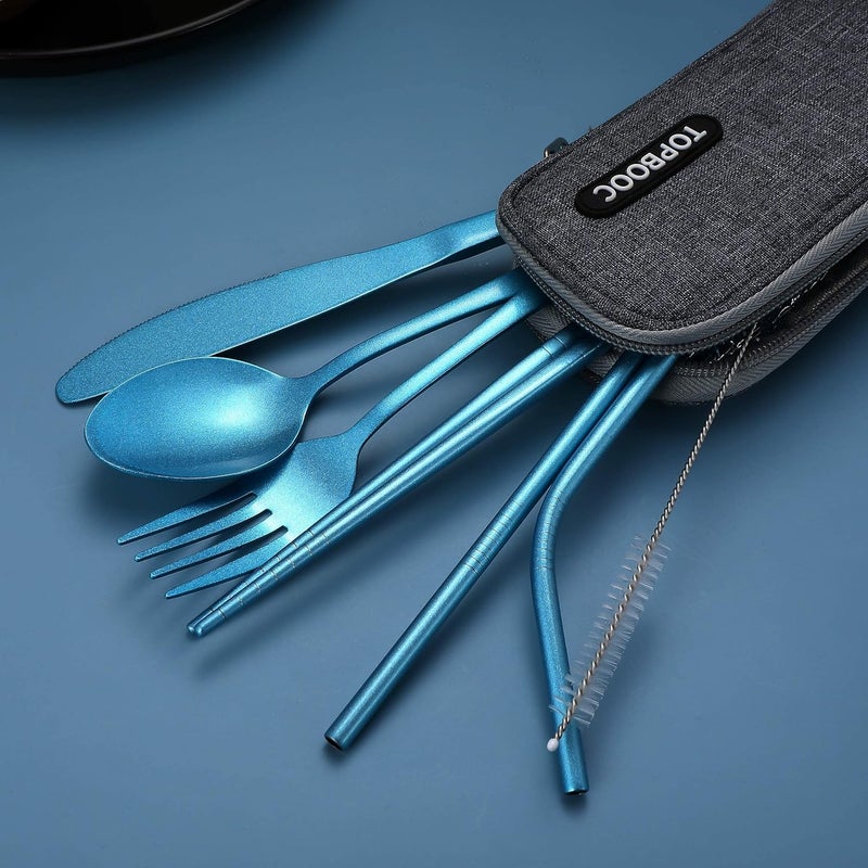 Topbooc Portable Stainless Steel Flatware Set, Travel Camping Cutlery Set, Portable Utensil Travel Silverware Dinnerware Set with a Waterproof Case (Light Blue) - Image 3