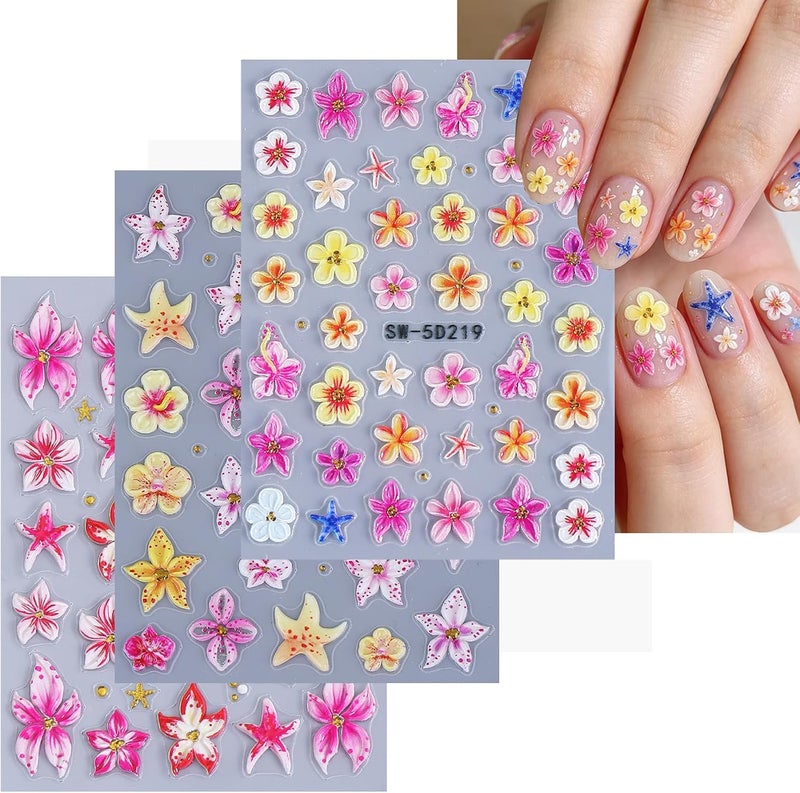 Maigitur Flower Nail Stickers 5D Colorful Floral Nail Decals Tropical Summer Pink Yellow Nail Designs Cute Starfish Nails Supplies 3D Self Adhesive Beach Hawaii Sticker Decals for Women DIY Manicure 3 Sheets - Image 1