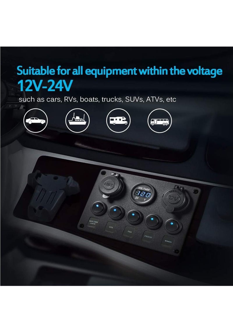 SYOSI - 5 Gang Rocker Switch Panel with LED light 12V-24V Toggle Switch Panel with Dual USB Charger Digital Voltmeter Cigarette Lighter Socket for Car Trunk Boat - Image 1