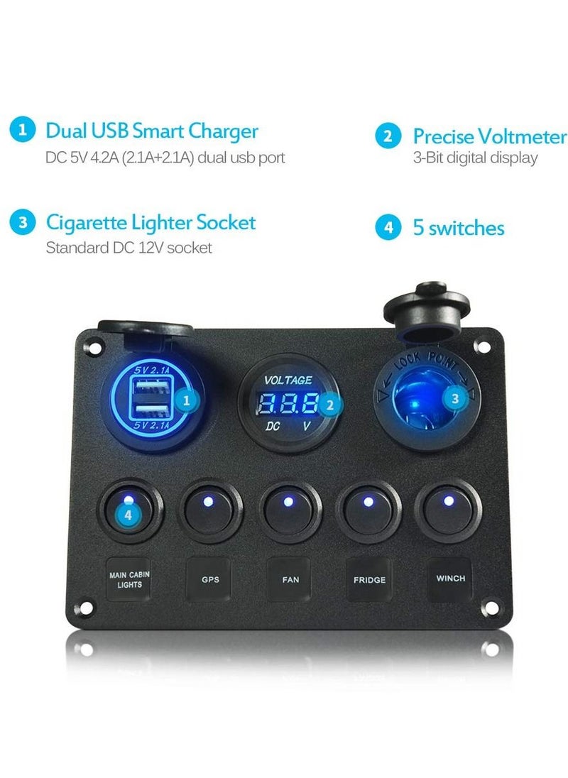 SYOSI - 5 Gang Rocker Switch Panel with LED light 12V-24V Toggle Switch Panel with Dual USB Charger Digital Voltmeter Cigarette Lighter Socket for Car Trunk Boat - Image 1
