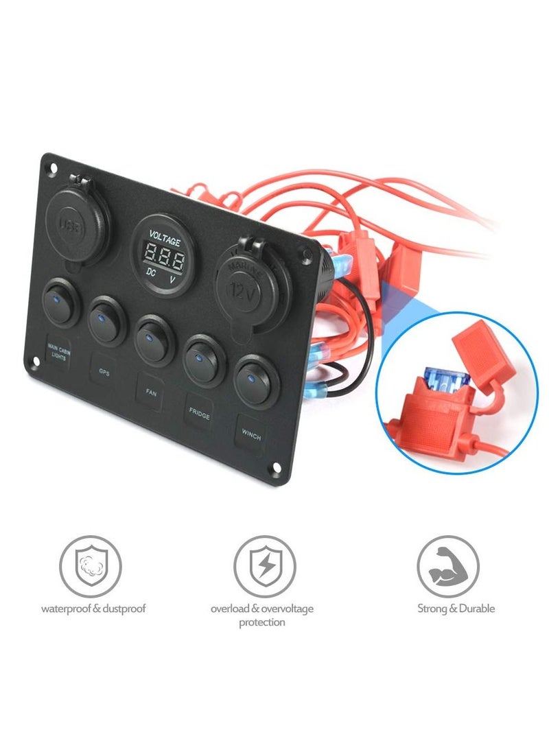 SYOSI - 5 Gang Rocker Switch Panel with LED light 12V-24V Toggle Switch Panel with Dual USB Charger Digital Voltmeter Cigarette Lighter Socket for Car Trunk Boat - Image 1