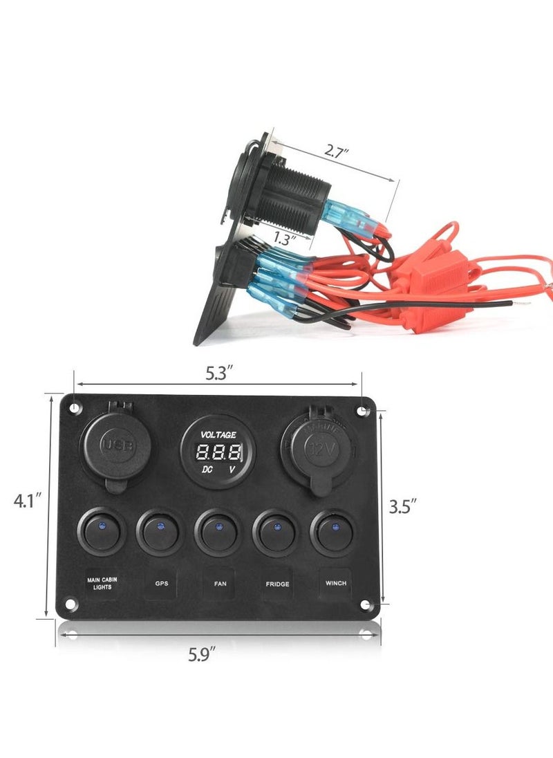 SYOSI - 5 Gang Rocker Switch Panel with LED light 12V-24V Toggle Switch Panel with Dual USB Charger Digital Voltmeter Cigarette Lighter Socket for Car Trunk Boat - Image 1