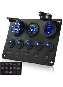 5 Gang Rocker Switch Panel with LED light 12V-24V Toggle Switch Panel with Dual USB Charger Digital Voltmeter Cigarette Lighter Socket for Car Trunk Boat