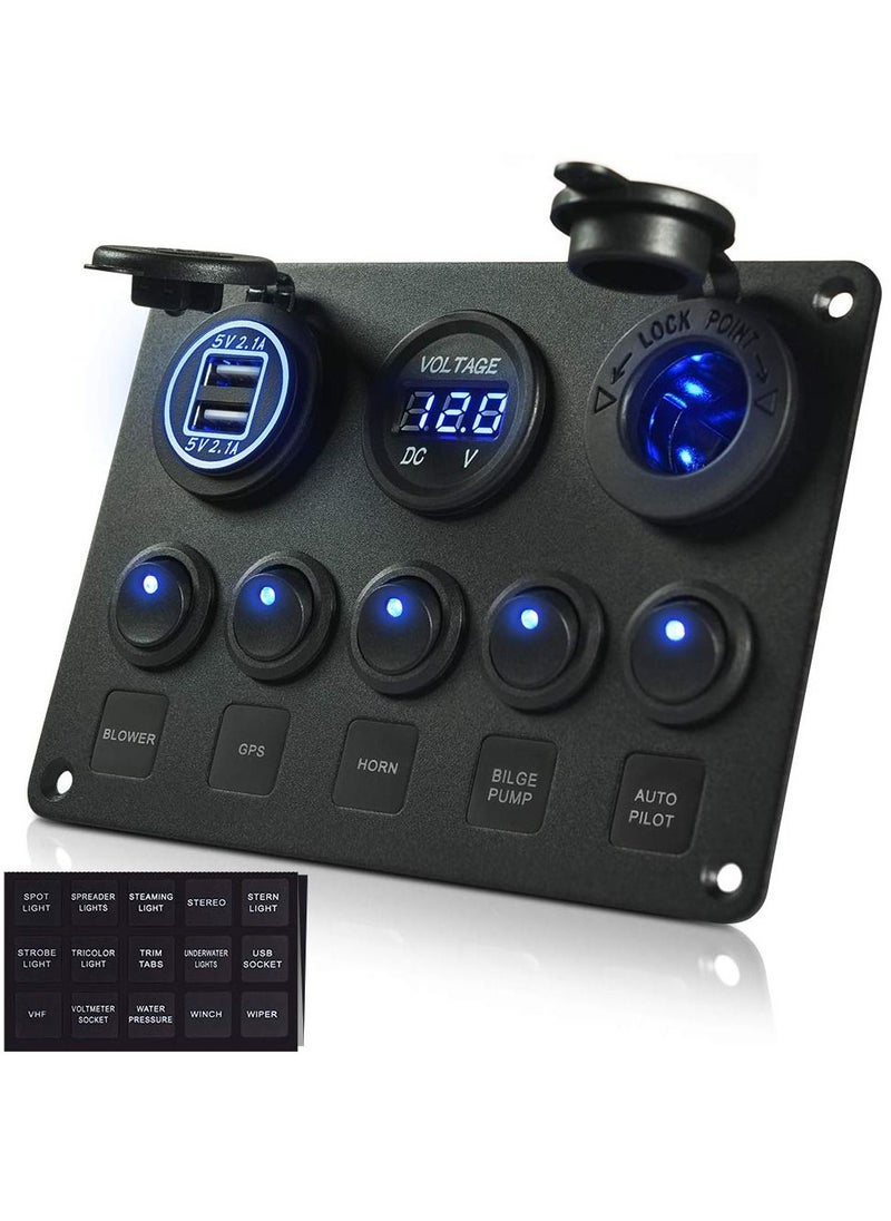 SYOSI - 5 Gang Rocker Switch Panel with LED light 12V-24V Toggle Switch Panel with Dual USB Charger Digital Voltmeter Cigarette Lighter Socket for Car Trunk Boat - Image 1