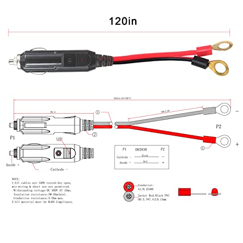 SPARKING موصل ولاعة سجائر ذكر إلى أطراف حلقة 12 فولت 10 أقدام - كابل تمديد موصل ولاعة سجائر ذكر 12 فولت مع موصل طرف حلقة البطارية 16awg سلك طاقة ثقيل للعاكس الكهربائي - Image 5