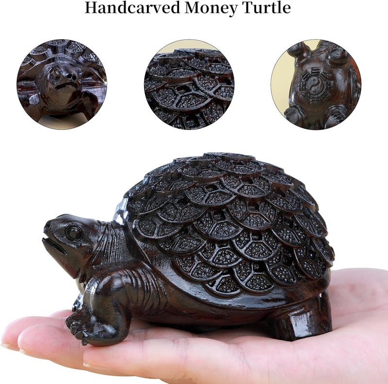 gemshan Feng Shui Turtle Hand Carved Collectible Wood Animal Figurine for Wealth Prosperity Money Home Office Decorative Ornament Lucky - Image 3