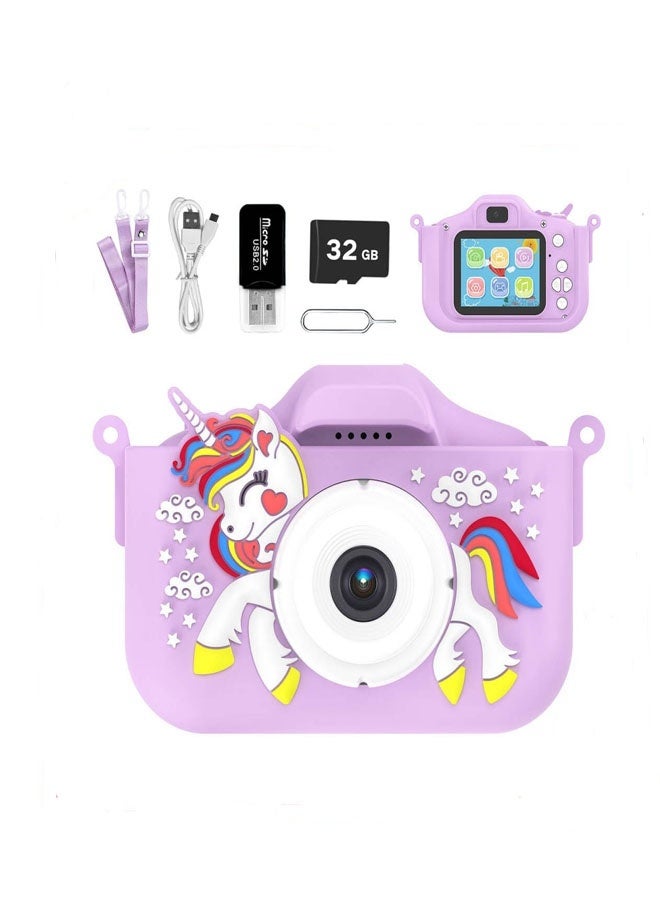 Bukela Kids Camera for 3-9 Year Old Boys Girls, Children Digital Camera with Cute Cartoon Soft Cover & 32GB SD Card, Best Birthday Gifts for Grandkids, Halloween Party Favors for Kids - Purple - Image 1