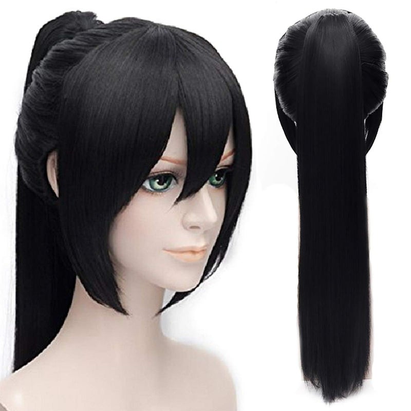 Probeauty Girl Stylish Ponytail Black Straight Cosplay Wig Long Black Wigs with Bangs for Women Synthetic Anime Cosplay Hair for Halloween Costume PartyWig Cap