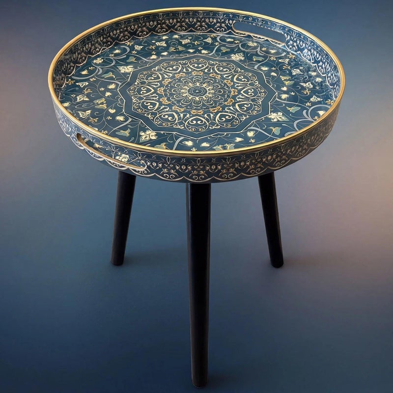 Simmer Stone Round Outdoor Side Tables with Detachable Wooden 3 Legs, Versatile Tray Table, Perfect For Round Coffee Table Tea, and Relaxation Time 17.7 Inch (Blue Maze) - Image 1