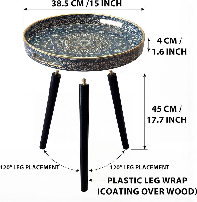 Simmer Stone Round Outdoor Side Tables with Detachable Wooden 3 Legs, Versatile Tray Table, Perfect For Round Coffee Table Tea, and Relaxation Time 17.7 Inch (Blue Maze) - Image 3