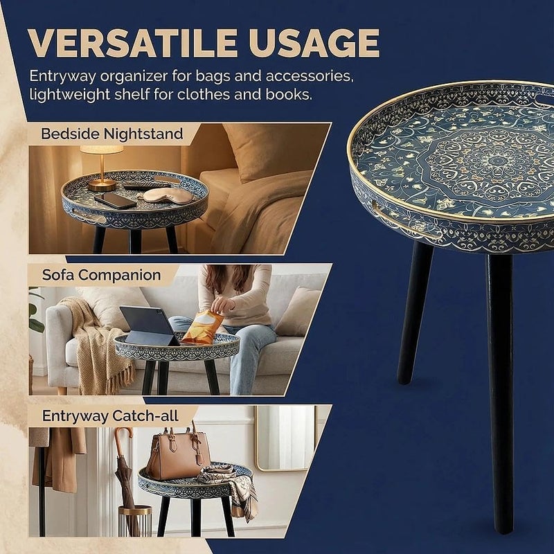 Simmer Stone Round Outdoor Side Tables with Detachable Wooden 3 Legs, Versatile Tray Table, Perfect For Round Coffee Table Tea, and Relaxation Time 17.7 Inch (Blue Maze) - Image 5