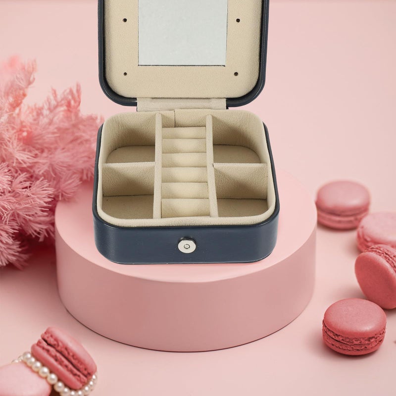 Large Capacity Leather Jewelry Organizer Case With Mirror Travel Storage Box Blue - Image 4