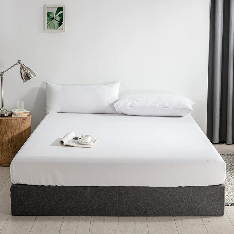 Good Nite Fitted Sheet 120 x 200 cm, White Polyester Flat Sheet 30 cm, Extra Deep Pocket Sheet Fitted Sheet Soft and Breathable Machine Washable - Image 1