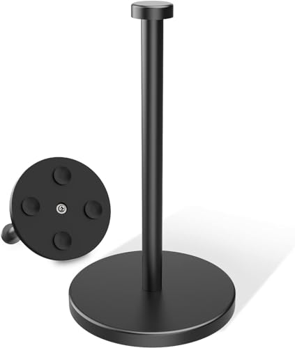 VEHHE Black Paper Towel Holder Countertop Stainless Steel Paper Towel Holder Stand with Weighted Base Suction Cups for Kitchen Bathroom