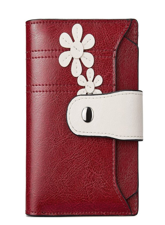 BOSTANTEN Women Leather Wallet RFID Blocking Small Bifold Zipper Pocket Wallet Card Case Purse with ID Window, Floral Pattern Red, Small 4.72" x 3.93" x 0.78" - Image 1