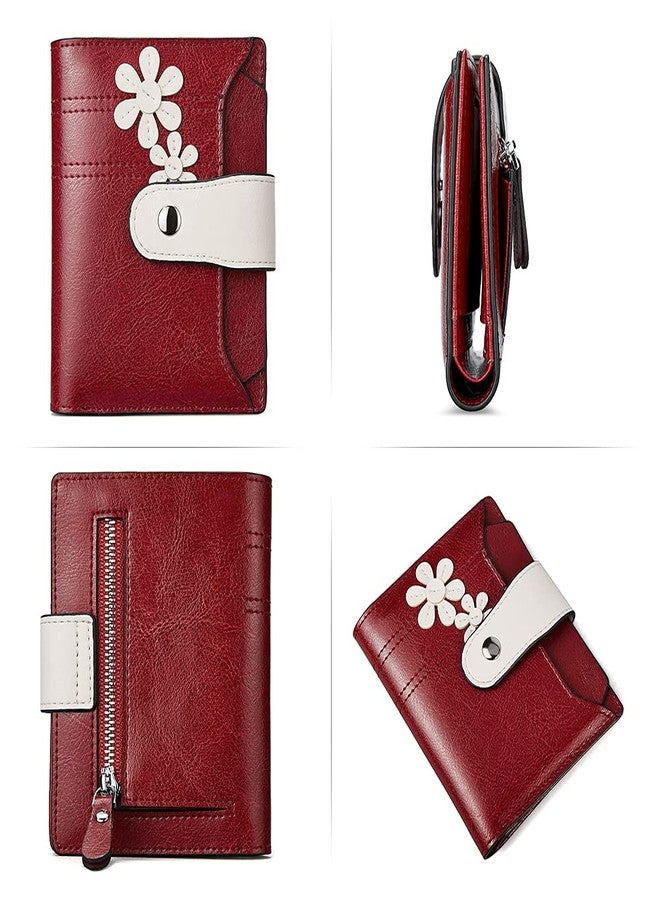 BOSTANTEN Women Leather Wallet RFID Blocking Small Bifold Zipper Pocket Wallet Card Case Purse with ID Window, Floral Pattern Red, Small 4.72" x 3.93" x 0.78" - Image 5