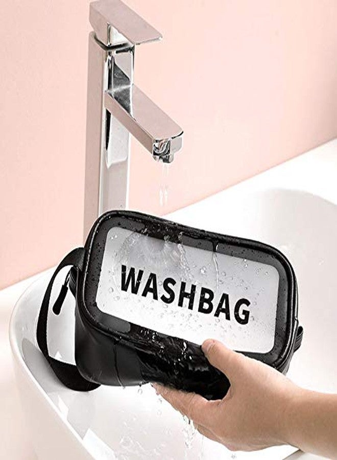VALAMJI حقيبة مستحضرات تجميل شفافة من فالامجي، مقاومة للماء، حقيبة سفر محمولة لتنظيم أدوات النظافة الشخصية، مزودة بسحاب ومقبض، حقيبة غسيل للنساء والفتيات (أسود - قطعة واحدة) (صغيرة) - Image 3