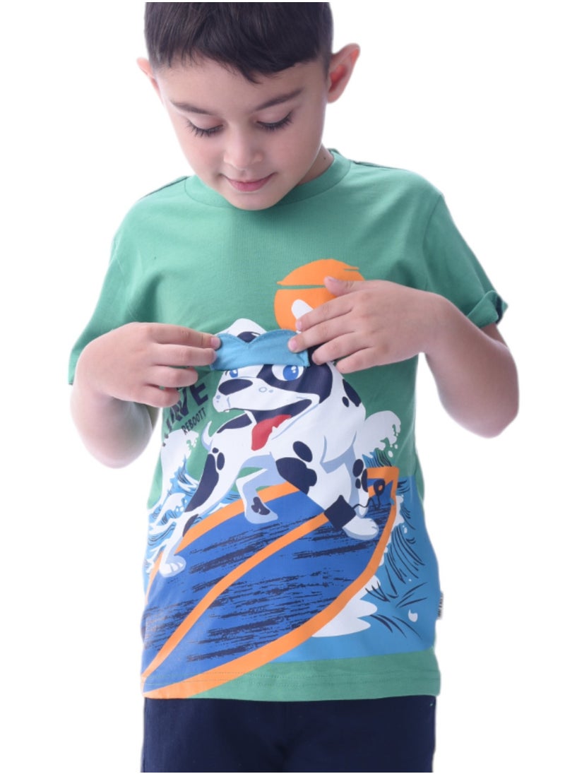 victor and jane - Victor & Jane Boys' Comfortable 2-Piece T-Shirt & Shorts Set (2-8 Years)- Green & Navy - Image 1