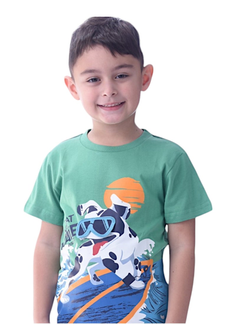 victor and jane - Victor & Jane Boys' Comfortable 2-Piece T-Shirt & Shorts Set (2-8 Years)- Green & Navy - Image 1
