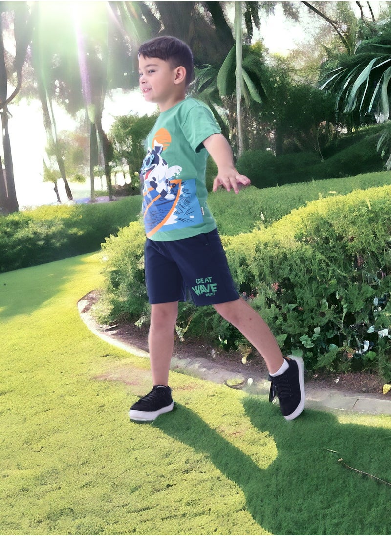victor and jane - Victor & Jane Boys' Comfortable 2-Piece T-Shirt & Shorts Set (2-8 Years)- Green & Navy - Image 1