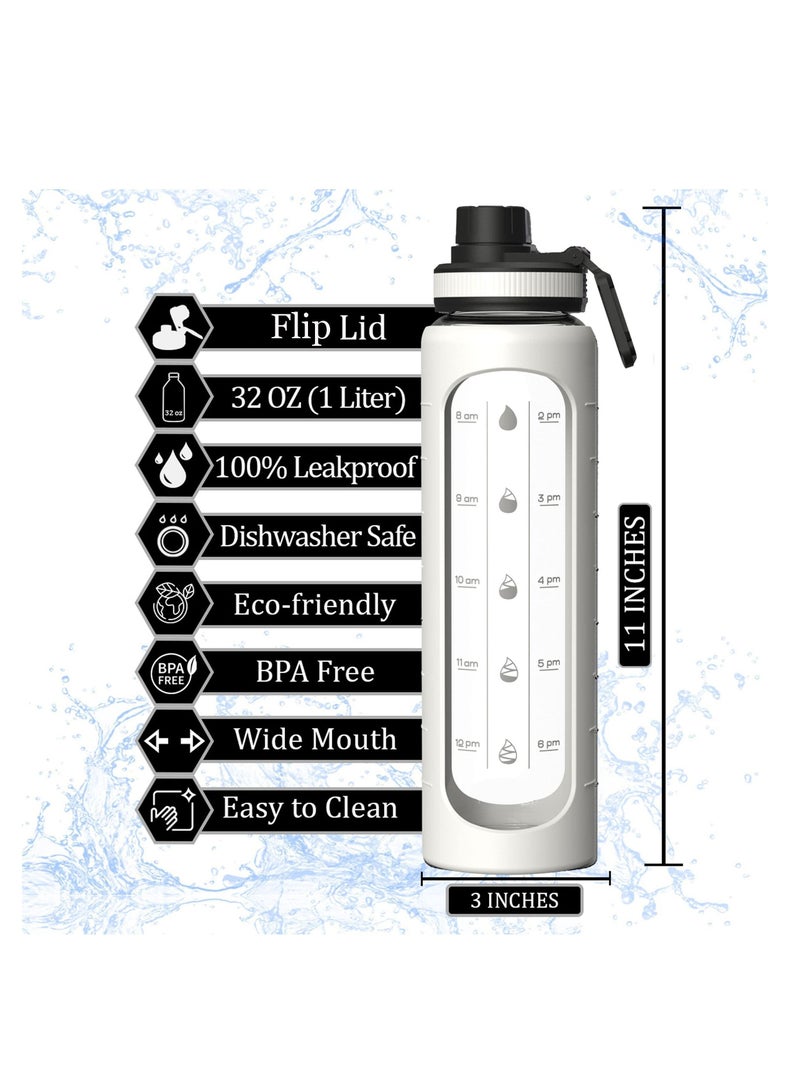 Y&D 32 oz Glass Water Bottle with Time Marks and Silicone Sleeve - Flip Lid, Motivational Bottles for Hydration, Reusable, Wide Mouth, Leakproof, 1 Liter Drinking Bottle, BPA Free  - Image 2