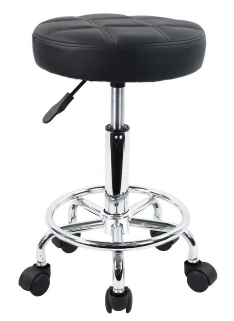 Round Rolling Stool: Vanity Chair with PU Leather Height Adjustable 360° Swivel Stool with Wheels for Office Home Drafting Work Studio Shop SPA Salon