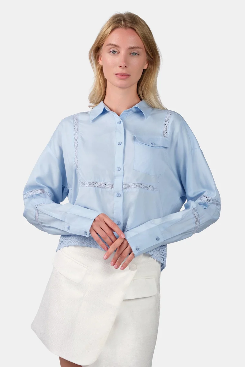 فيرجيو Solid Viscose Crop Shirt With Lace for Women