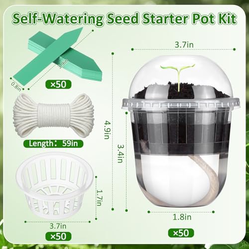 Ferrochef 50 Pcs 37 Inches Clear Hydroponic Pots Kit Includes Self Watering Nursery Cups with Humidity Domes Grow Baskets Absorbing Wicks Reusable Seed Pots for Indoor Plants Herbs Seedling - Image 3