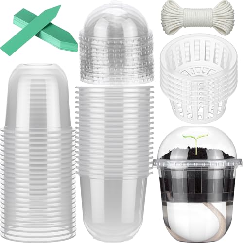 Ferrochef 50 Pcs 37 Inches Clear Hydroponic Pots Kit Includes Self Watering Nursery Cups with Humidity Domes Grow Baskets Absorbing Wicks Reusable Seed Pots for Indoor Plants Herbs Seedling - Image 1