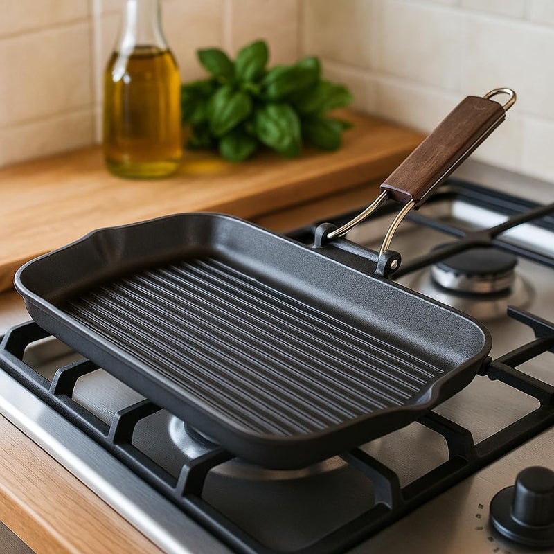 BS B&S XL Granite Grill Pan 43x26cm – Heavy-Duty Cast Aluminium Non-Stick Grill with Wooden Folding Handle – BBQ Style Indoor Grilling Pan – Kitchen Accessory – Eco-Friendly Cookware - Image 5