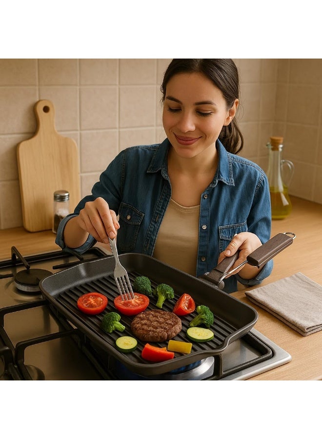 BS B&S XL Granite Grill Pan 43x26cm – Heavy-Duty Cast Aluminium Non-Stick Grill with Wooden Folding Handle – BBQ Style Indoor Grilling Pan – Kitchen Accessory – Eco-Friendly Cookware - Image 2