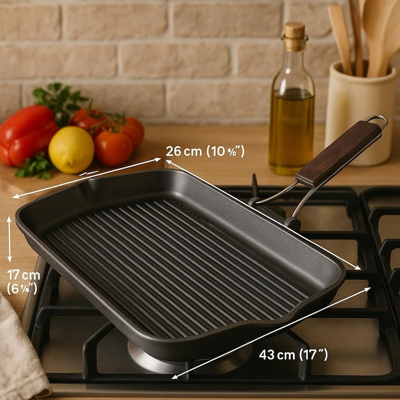 BS B&S XL Granite Grill Pan 43x26cm – Heavy-Duty Cast Aluminium Non-Stick Grill with Wooden Folding Handle – BBQ Style Indoor Grilling Pan – Kitchen Accessory – Eco-Friendly Cookware - Image 4