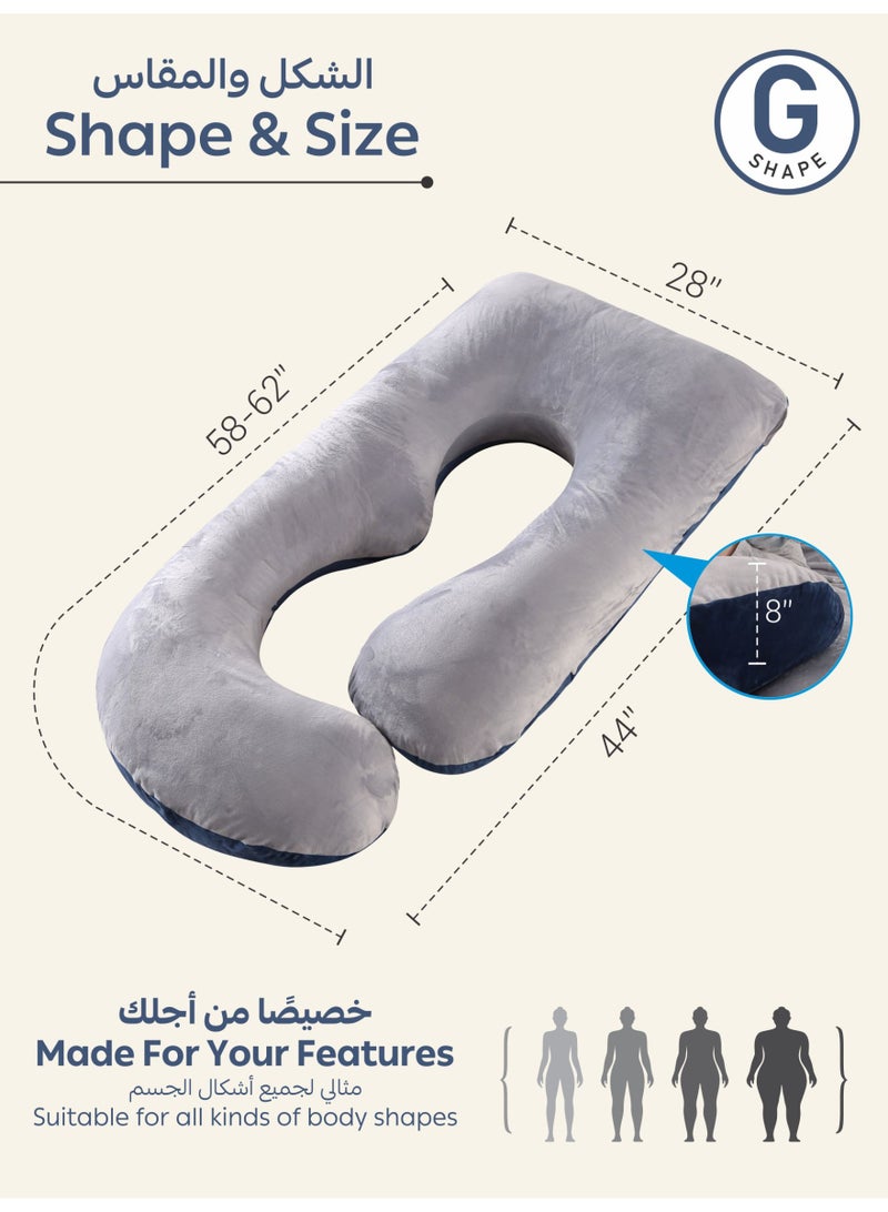 Donetella G-Shape Pregnancy Pillow – 180 cm Full Body Maternity Support Pillow with Removable Washable Velvet Cover – Support for Back, Legs, Belly & Hips – Grey Blue - Image 2