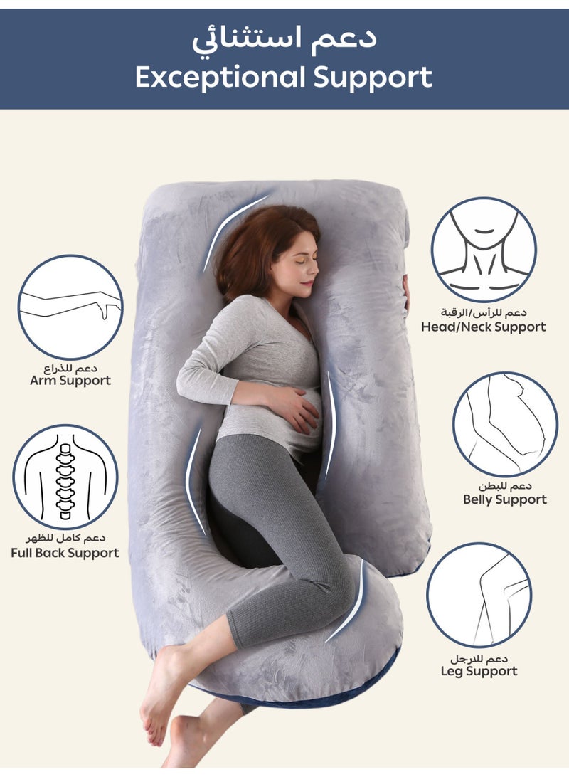 Donetella G-Shape Pregnancy Pillow – 180 cm Full Body Maternity Support Pillow with Removable Washable Velvet Cover – Support for Back, Legs, Belly & Hips – Grey Blue - Image 3