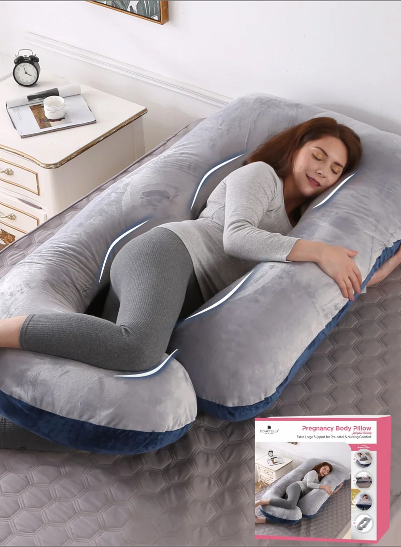 Donetella G-Shape Pregnancy Pillow – 180 cm Full Body Maternity Support Pillow with Removable Washable Velvet Cover – Support for Back, Legs, Belly &amp; Hips – Grey Blue