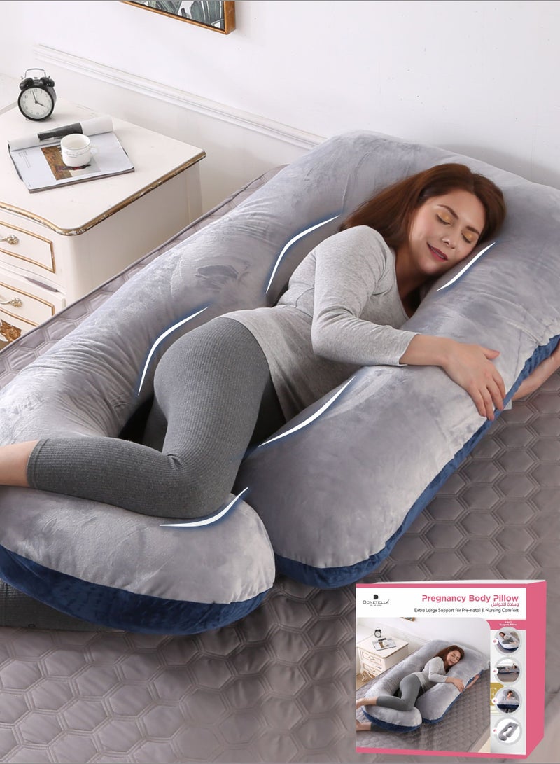 Donetella G-Shape Pregnancy Pillow – 180 cm Full Body Maternity Support Pillow with Removable Washable Velvet Cover – Support for Back, Legs, Belly & Hips – Grey Blue - Image 1
