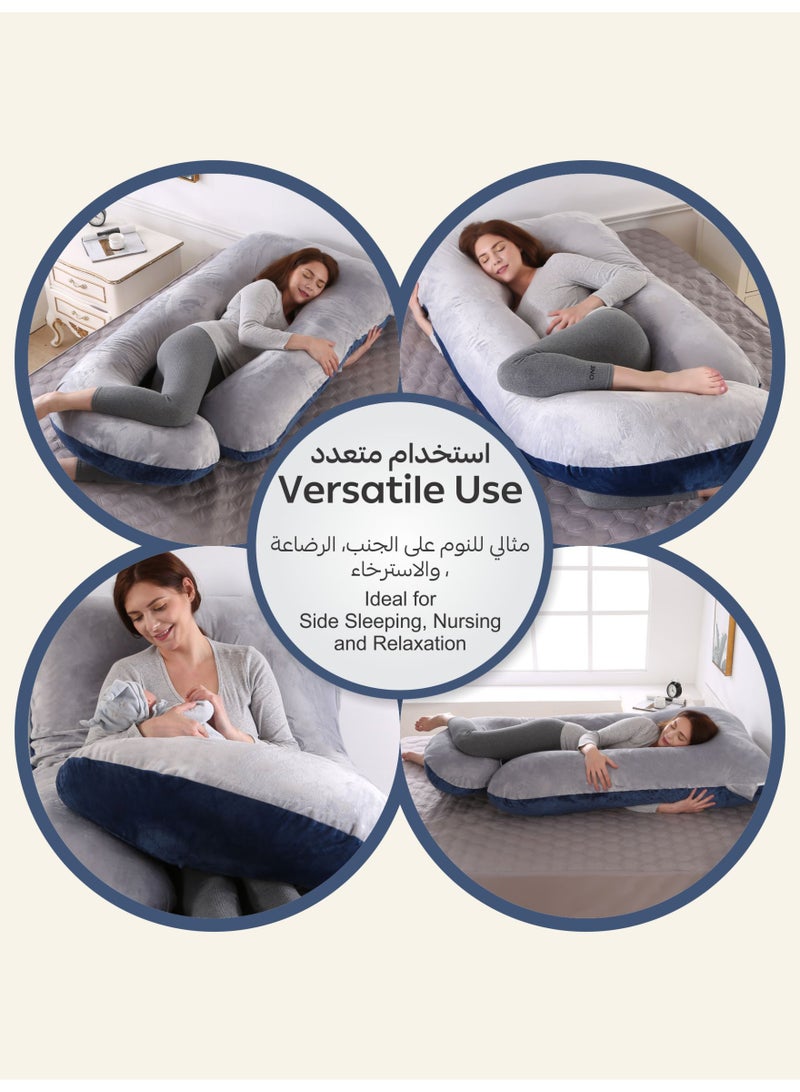 Donetella G-Shape Pregnancy Pillow – 180 cm Full Body Maternity Support Pillow with Removable Washable Velvet Cover – Support for Back, Legs, Belly & Hips – Grey Blue - Image 5