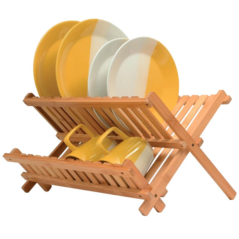 Dish Drying Rack  Collapsible 2Tier Bamboo Dish Rack for Kitchen Counter Wooden Dish Drainer with Foldable SpaceSaving Design  Drying Rack for Dishes Plates and Cups