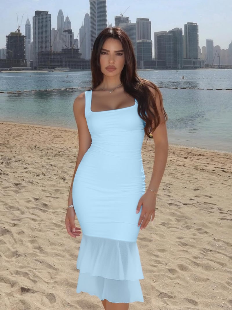 Kaximil Women's Sexy Bodycon Ruched Wedding Guest Midi Dresses Sleeveless Maternity Ruffle Cocktail Party Dress, Medium, Babyblue - Image 5