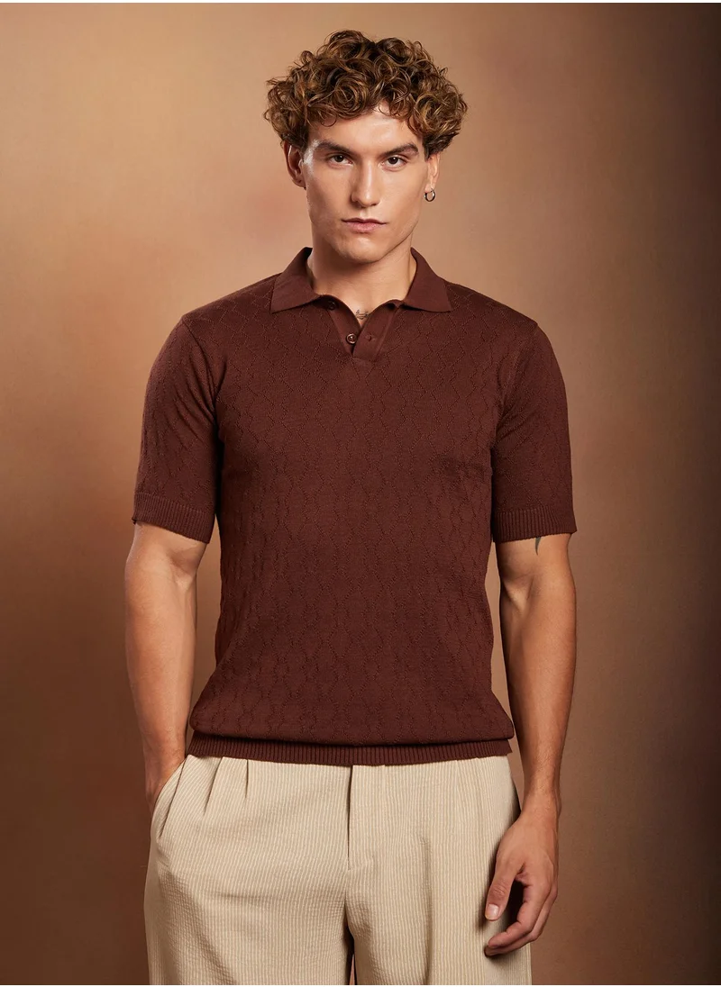 Campus Sutra Campus Sutra Men's Chocolate Brown Sonic-Tactile Polo T-Shirt For Casual Wear | Polo Neck | Short Cuffed Sleeves | Half-Button Closure | T-Shirt Crafted With Comfort Fit For Everyday Wear