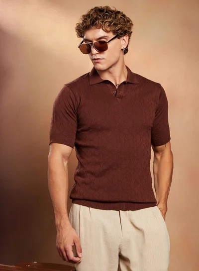 Campus Sutra Campus Sutra Men's Chocolate Brown Sonic-Tactile Polo T-Shirt For Casual Wear | Polo Neck | Short Cuffed Sleeves | Half-Button Closure | T-Shirt Crafted With Comfort Fit For Everyday Wear
