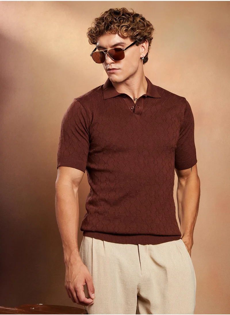 Campus Sutra Campus Sutra Men's Chocolate Brown Sonic-Tactile Polo T-Shirt For Casual Wear | Polo Neck | Short Cuffed Sleeves | Half-Button Closure | T-Shirt Crafted With Comfort Fit For Everyday Wear