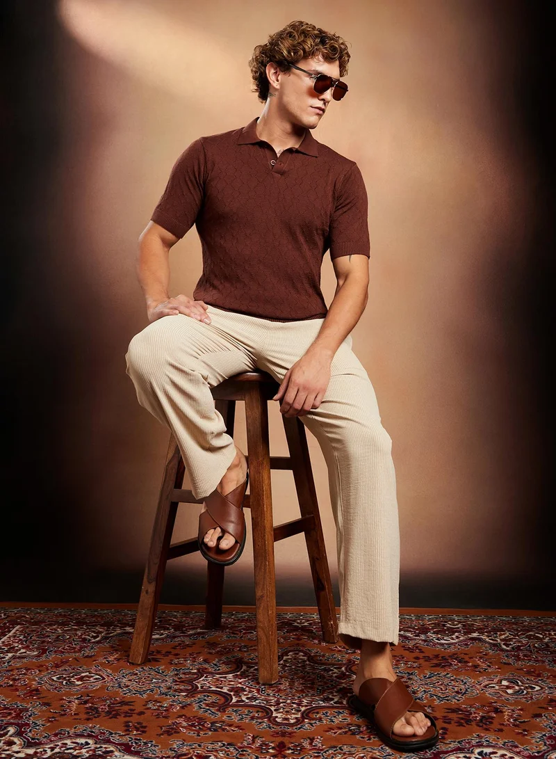 Campus Sutra Campus Sutra Men's Chocolate Brown Sonic-Tactile Polo T-Shirt For Casual Wear | Polo Neck | Short Cuffed Sleeves | Half-Button Closure | T-Shirt Crafted With Comfort Fit For Everyday Wear